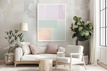 modern living room with watercolor art decor, pastel themes, minimalist