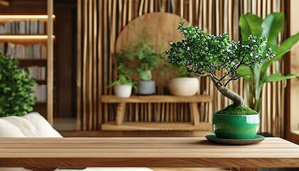 In the warm indoor space, green potted plants are placed on the desk and wooden decoration in the background, showing the combination of nature and comfort.