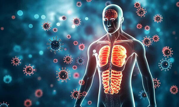 
A striking human silhouette features a glowing stomach, enhanced with detailed visuals of microscopic gut bacteria. This image symbolizes health, wellness, and the importance of gut microbiome.