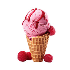 Delicious Raspberry Ice Cream Cone With Drizzle And Fresh Raspberries On Isolated Background