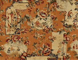 Detailed chinoiserie fabric pattern in orange, blue, and cream with vignettes of people in landscapes and floral borders.