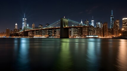 Bright nighttime image of the Manhattan skyline featuring the Brooklyn Bridge, lit-up buildings, and water reflections