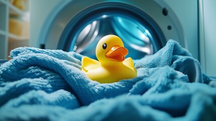 A yellow rubber duck rests on soft blue towels inside a washing machine during a laundry cycle on a sunny afternoon