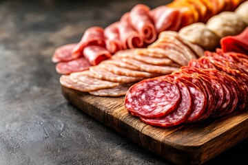 Obraz premium A variety of sliced salami arranged neatly on a wooden charcuterie board