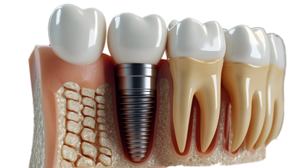 Anatomy of healthy teeth and tooth dental implant in human dentura, 