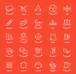 Set icons for functional fabric, clothing. The outline icons are well scalable and editable. Contrasting vector elements are good for different backgrounds. EPS10.