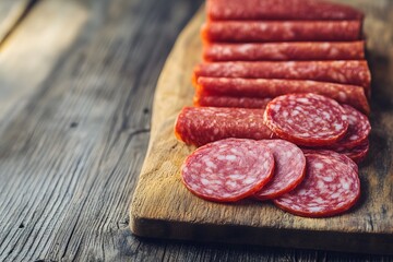 A variety of sliced salami arranged neatly on a wooden charcuterie board