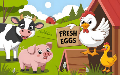 Obraz premium Happy Farm Animals with Fresh Eggs Sign