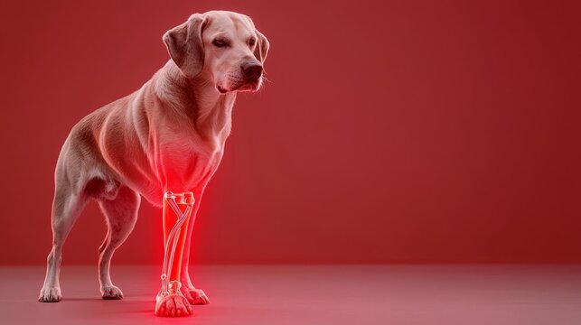 Dog's glowing red knee with visible tendons, symbolizing joint pain, dog knee, red glow, joint pain concept