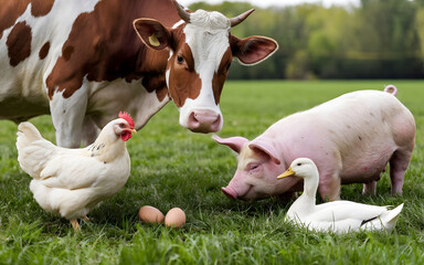 Cow  Pig  Chicken  Duck and Eggs in Green Pasture