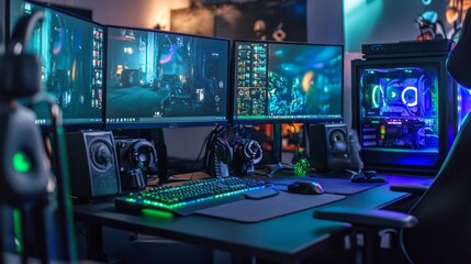 Fototapeta premium A gaming desk with multiple monitors showing a live stream, surrounded by vibrant gaming peripherals.