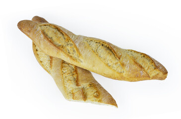 Two freshly baked baguettes loaves. Rustic French baguette with a crispy golden crust. Traditional...