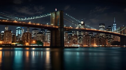 Bright nighttime image of the Manhattan skyline featuring the Brooklyn Bridge, lit-up buildings, and water reflections