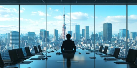 Fototapeta na wymiar Silhouette of a businessman looking at city skyline.