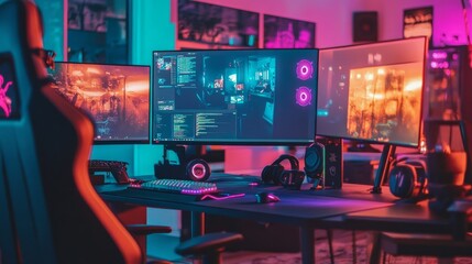 A gaming desk with multiple monitors showing a live stream, surrounded by vibrant gaming peripherals.