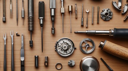 A watchmaker's workbench with tools and watch parts.