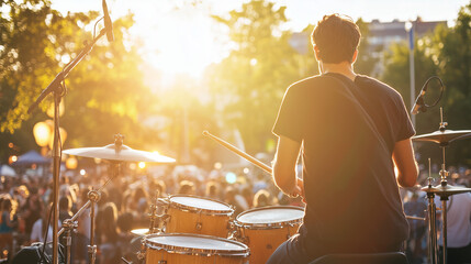 Outdoor City Street Music Band: Live Performance with Drums and Guitar, Featuring Musicians at a Festival Event in a Park. photo