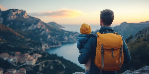 Fototapeta premium A father carrying his child in a serene mountainous landscape at dusk, with a beautiful view of a lake and village in the background, both dressed in warm clothing