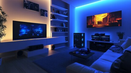 A gaming room with a minimalist design, featuring floating shelves, LED lighting, and high-end gaming gear.