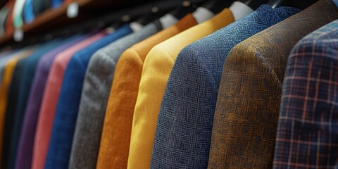 Obraz premium A vibrant array of men's jackets in various colors and patterns meticulously arranged on display in a high-end fashion boutique