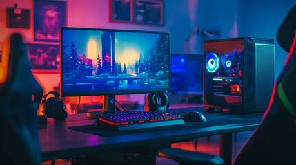 Naklejka premium A gaming table in a dark room, illuminated only by RGB lights from the keyboard, mouse, and PC case