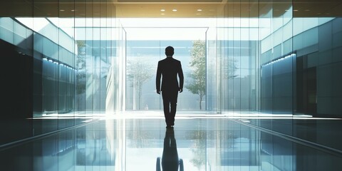 Fototapeta premium Silhouette of a man walking through a glass hallway.