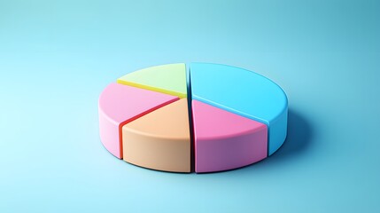 Obraz premium Colorful 3D pie chart, vibrant pastel colors, blue, pink, yellow, green segments, abstract data visualization, minimalist design, soft gradient background, clean aesthetic.