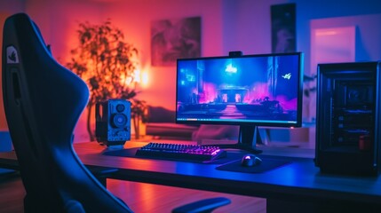 A gaming table in a dark room, illuminated only by RGB lights from the keyboard, mouse, and PC case.