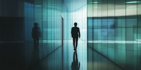 Fototapeta premium Man walks through glass corridor.