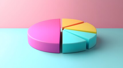 Obraz premium Colorful 3D pie chart, vibrant pastel colors, blue, pink, yellow, green segments, abstract data visualization, minimalist design, soft gradient background, clean aesthetic.