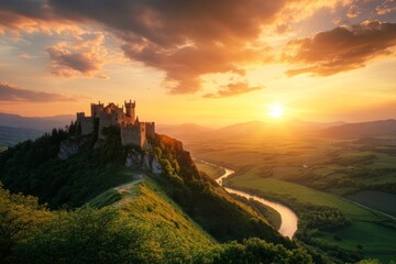 Fototapeta premium A majestic castle sits atop a hill overlooking a winding river. The sunset casts warm hues across the landscape. Perfect for fantasy and adventure themes. Generative AI
