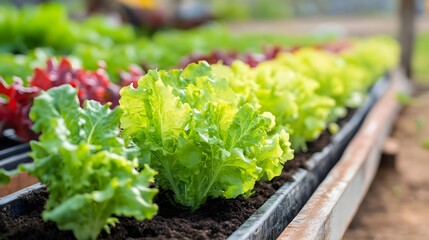 Vibrant and fresh lettuce growing in a garden bed, showcasing lush green leaves under soft sunlight, perfect for healthy living.