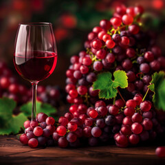Sophisticated still life scene featuring clear glass of red wine, positioned centrally against blurred background. Is surrounded by abundant cluster of ripe red grapes with vibrant green leaves
