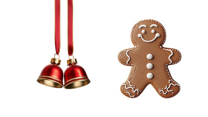 A pair of red Christmas bells and a smiling gingerbread man, representing classic holiday symbols for festive decorations and designs