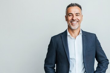 Fototapeta premium Business portrait of confident businessman. Entrepreneur in jacket smiling, Happy mid adult, mature age man standing, smiling,with generative ai