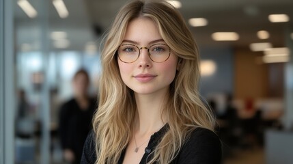 Obraz premium A young woman with blond hair, wearing glasses, stands confidently in a modern office setting with a soft and focused background, representing professionalism and determination