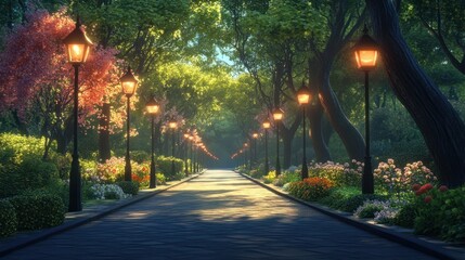 Obraz premium A path in the park lined with lamp posts, gently glowing as evening falls, with trees and flowers on either side.