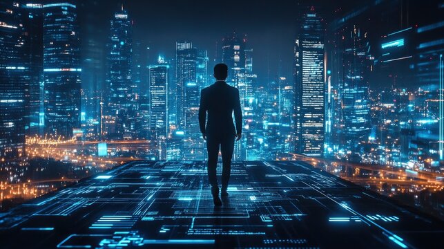Business technology concept, Professional business man walking on future Bangkok city background and futuristic interface graphic at night, with generative ai
