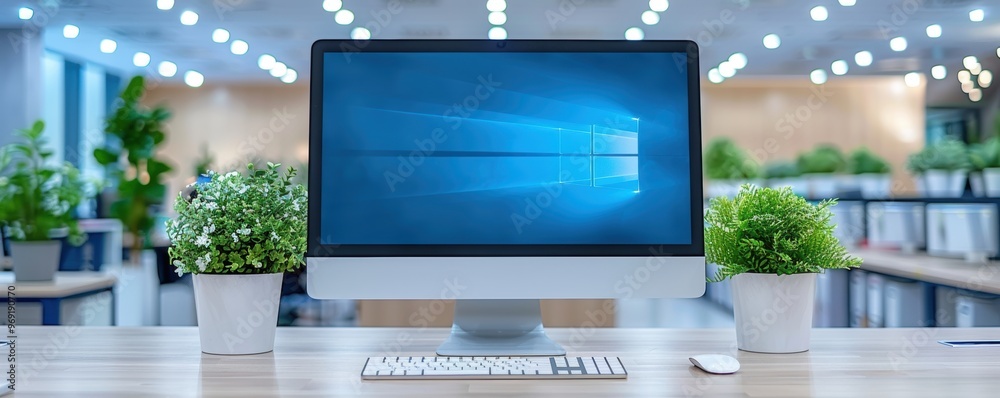 Wall mural a modern, minimalist office workspace featuring a large desktop computer with the windows operating 