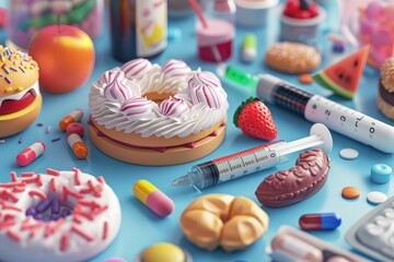 Junk Food and Medication on Blue Background
