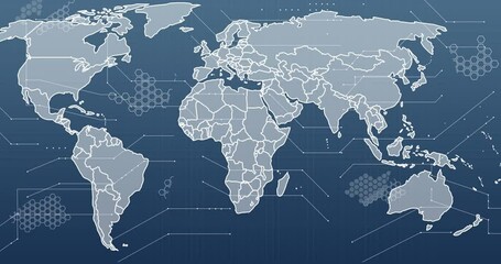 Animation of digital data processing over world map and blue background - Powered by Adobe