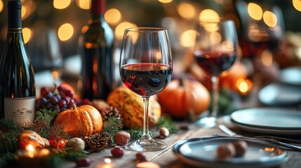 Elegant and cozy holiday table setting with wine glasses and autumn-themed decorations, featuring pumpkins, pinecones, and festive lights creating a warm ambiance