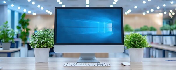 A modern, minimalist office workspace featuring a large desktop computer with the Windows operating system screen surrounded by vibrant potted plants for a touch of greenery