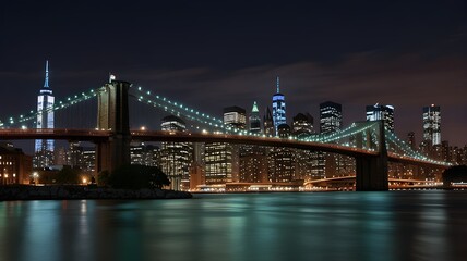 Bright nighttime image of the Manhattan skyline featuring the Brooklyn Bridge, lit-up buildings, and water reflections