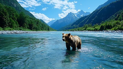 A grizzly bear stands in a mountain river, the majestic scene captured in breathtaking detail.