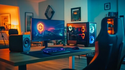 Naklejka premium A minimalist gaming table with a single widescreen monitor, RGB lighting, and a compact CPU tower.
