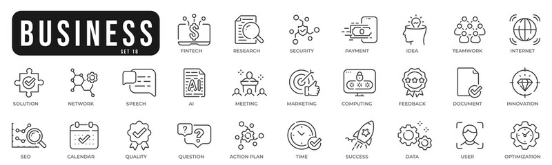 Business related original icons. Network, teamwork, payment, computing, seo, ai etc. Editable stroke. Set 18