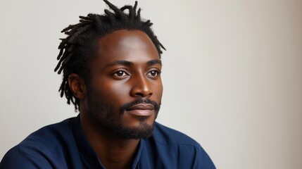 Obraz premium A mid-30s African-American man with short dreadlocks, wearing a blue shirt, gazes thoughtfully to the side against a light gray background