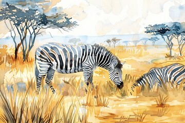 Zebra grazing in the African savanna with tall grasses and acacia trees,  watercolor illustration, created by ai