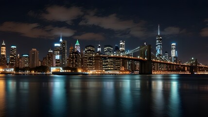 Bright nighttime image of the Manhattan skyline featuring the Brooklyn Bridge, lit-up buildings, and water reflections